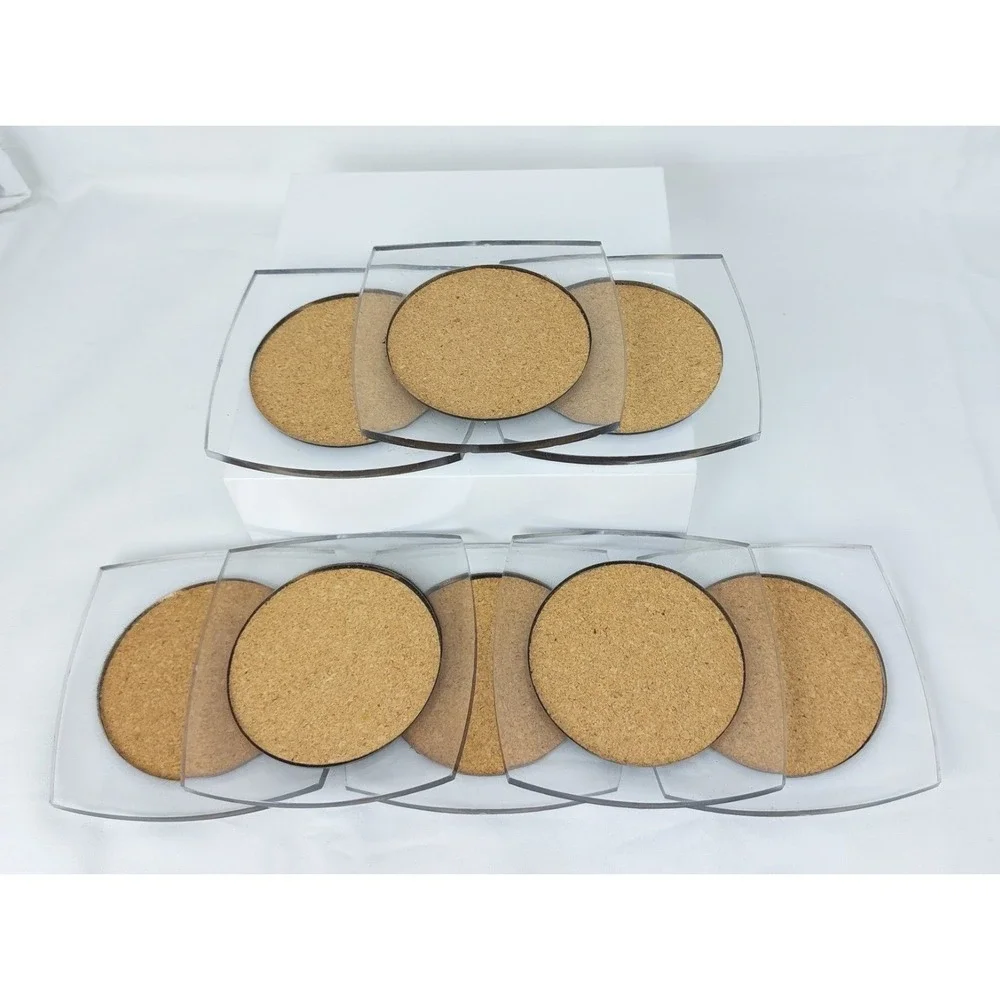 Vintage Mid Century Coaster Set of 8 Clear Lucite Acrylic & Cork No Caddy MCM